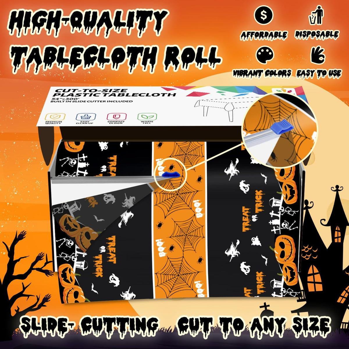 54 Inch X 300 Feet Plastic Table Cover Roll Disposable Halloween Tablecloth with Slide Cutter Pumpkin Ghost Plastic Table Covers for Halloween Party Decorations(Halloween Table Runner, 300Feet)