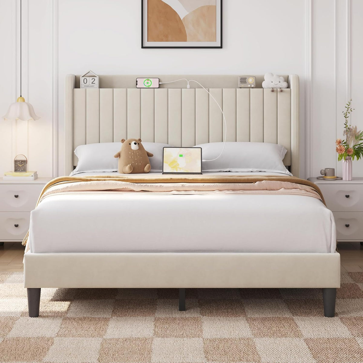 yaheetech queen bed frame with channel-tufted storage headboard, main product view