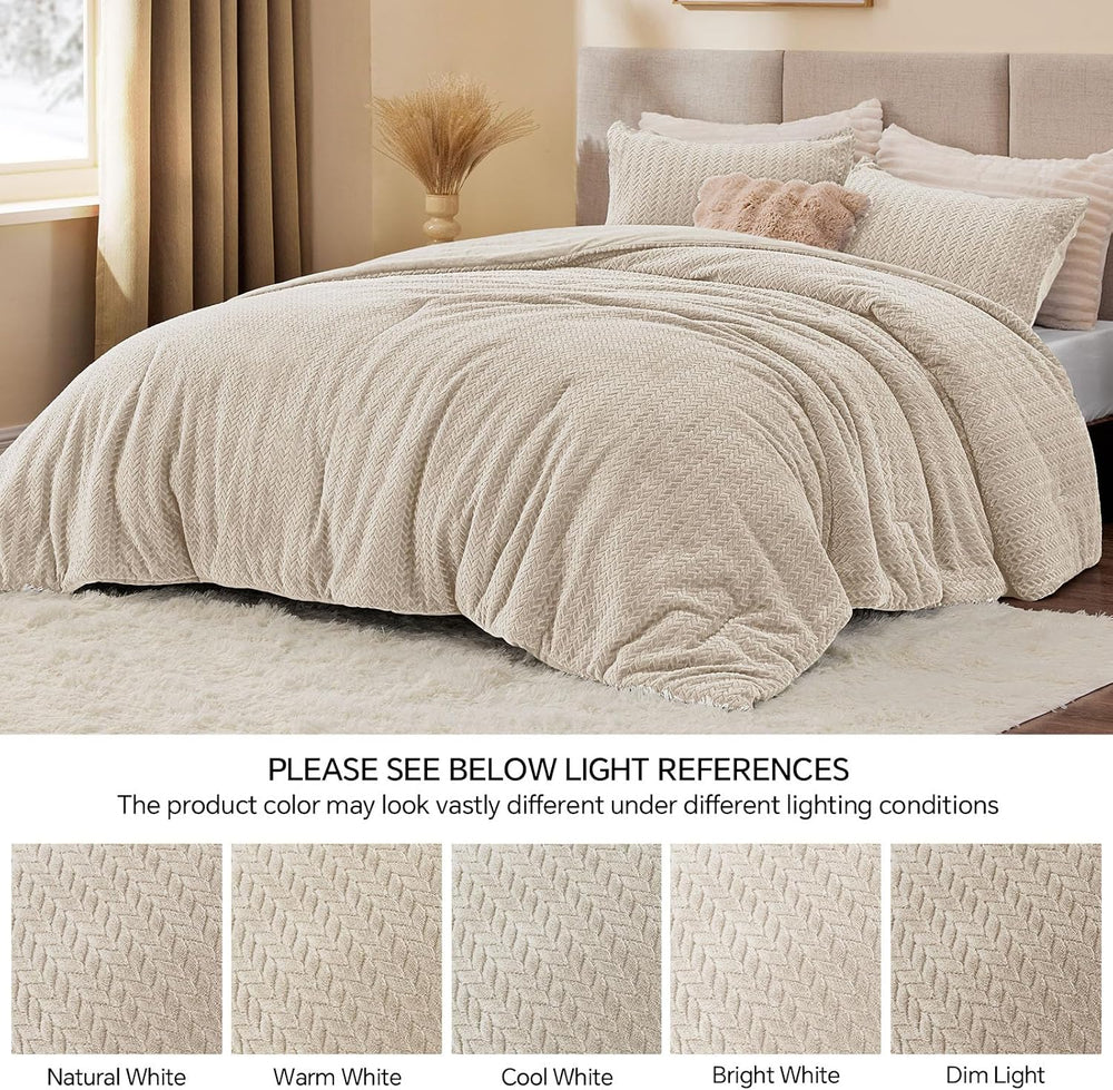 ChiXpace Fleece Full Size Comforter Set Linen, Fluffy Bed Set 3 Pieces