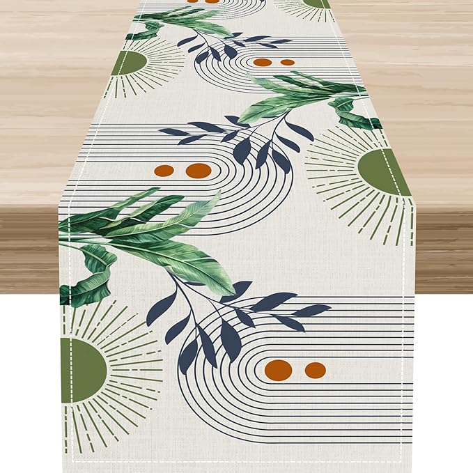 Mid Century Modern Table Runner, Abstract Green Leaves Tropical Plants Palm by Unknown