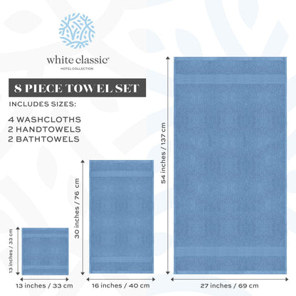 white classic luxury light blue bath towel set, side view