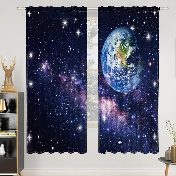 Renaiss 42 x 63 Inch Earth Galaxy Bedroom Window Curtains Outer Space View by Renaiss