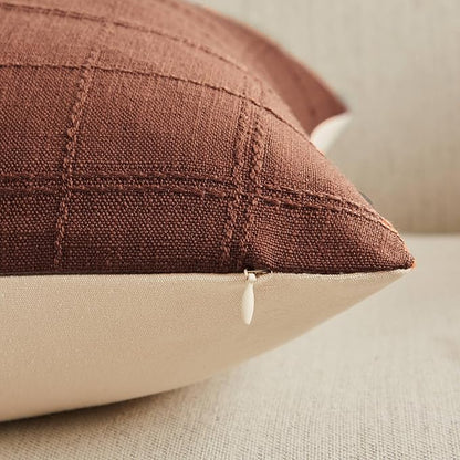 ZeeMart Linen Checked Throw Pillow Covers Set of 2, 22x22 Inch Terracota/Cream - Image 3
