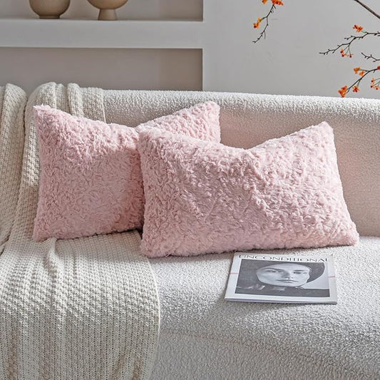 Neelvin Set of 2 Faux Fur Throw Pillow Covers 12x20 Inch Pink Cozy Soft Solid by Neelvin