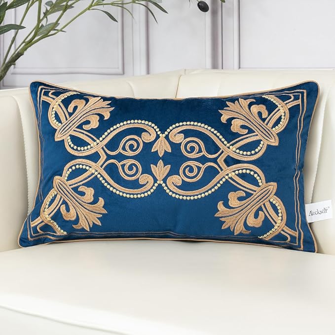 Aeckself European Floral Pillow Cover 12x20 Inch, Luxury Velvet Embroidered by AECKSELF