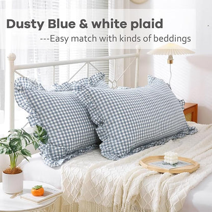 2 Pack Dust Blue White Plaid Gingham Ruffle Pillow Shams Standard Size - Image 4