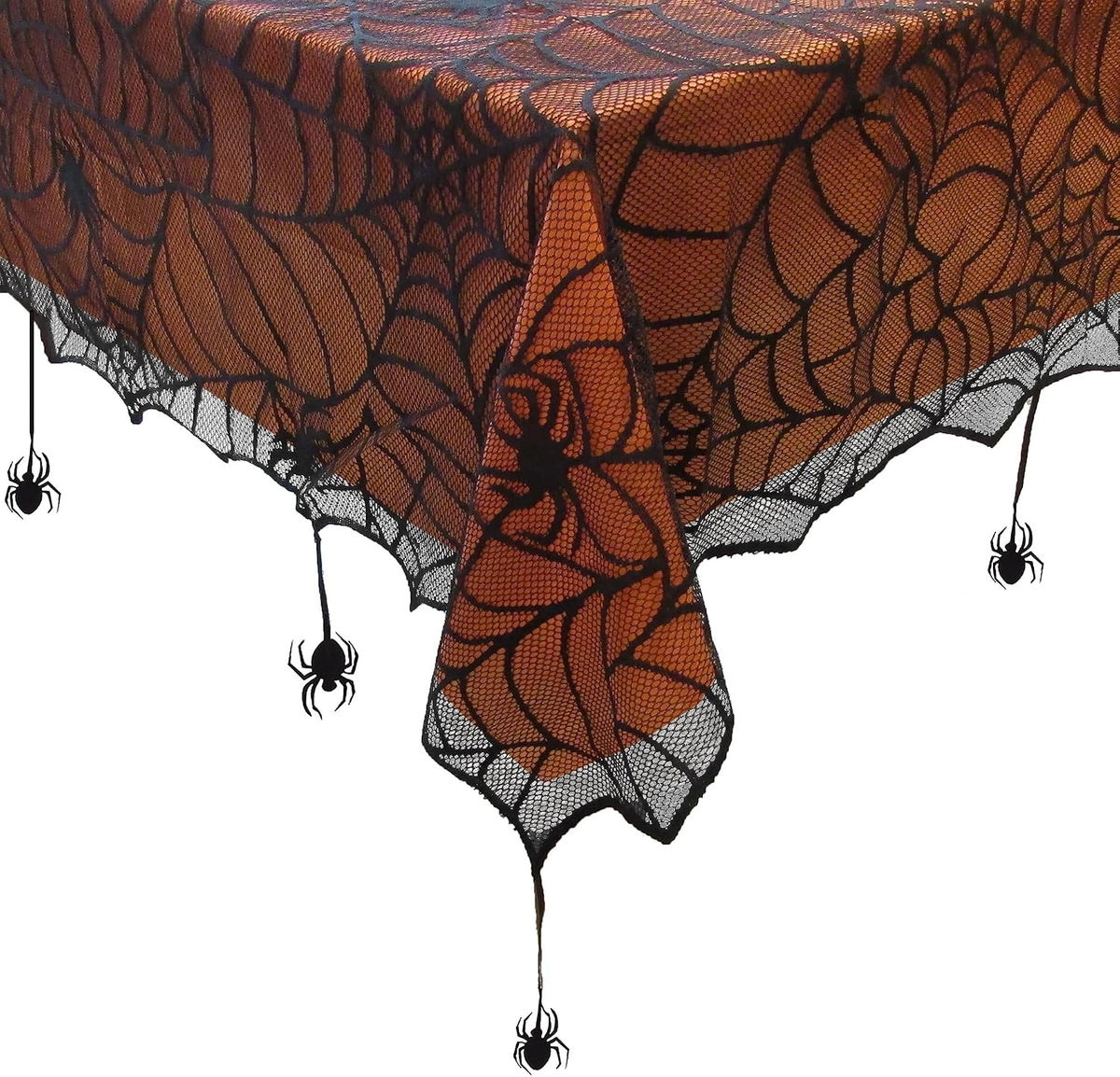 Crawling Web Lace Halloween Tablecloth with Orange Liner, Black - 52" W x 52" L Square