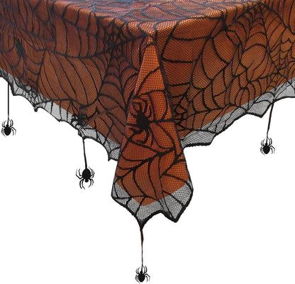 Crawling Web Lace Halloween Tablecloth with Orange Liner, Black - 52" W x 52" L Square