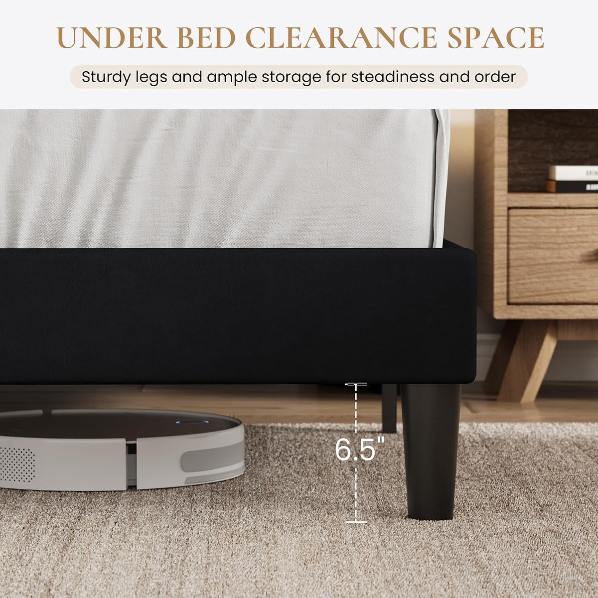 sha cerlin storage queen bed frame with charging on a desk or shelf
