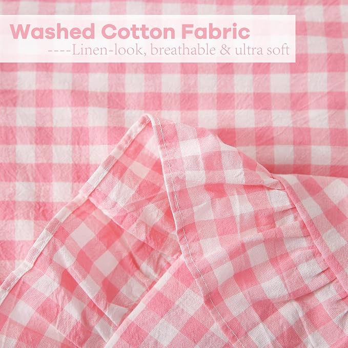 2 Pack Coral Pink Plaid Ruffle Gingham Throw Lumbar Pillow Shams, 100% Washed - Image 6