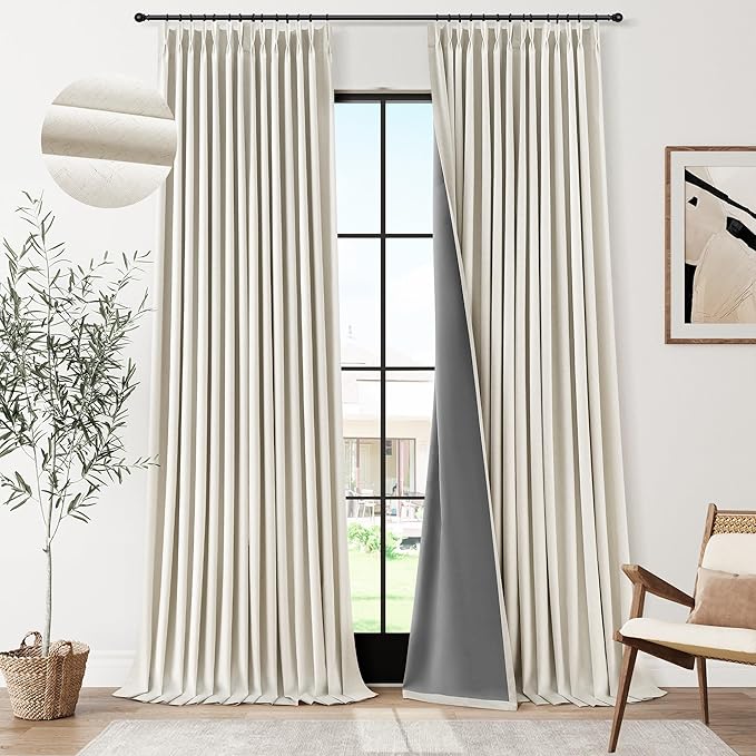 Pinch Pleated 100% Blackout Linen Curtains 102 Inches Long by Joywell