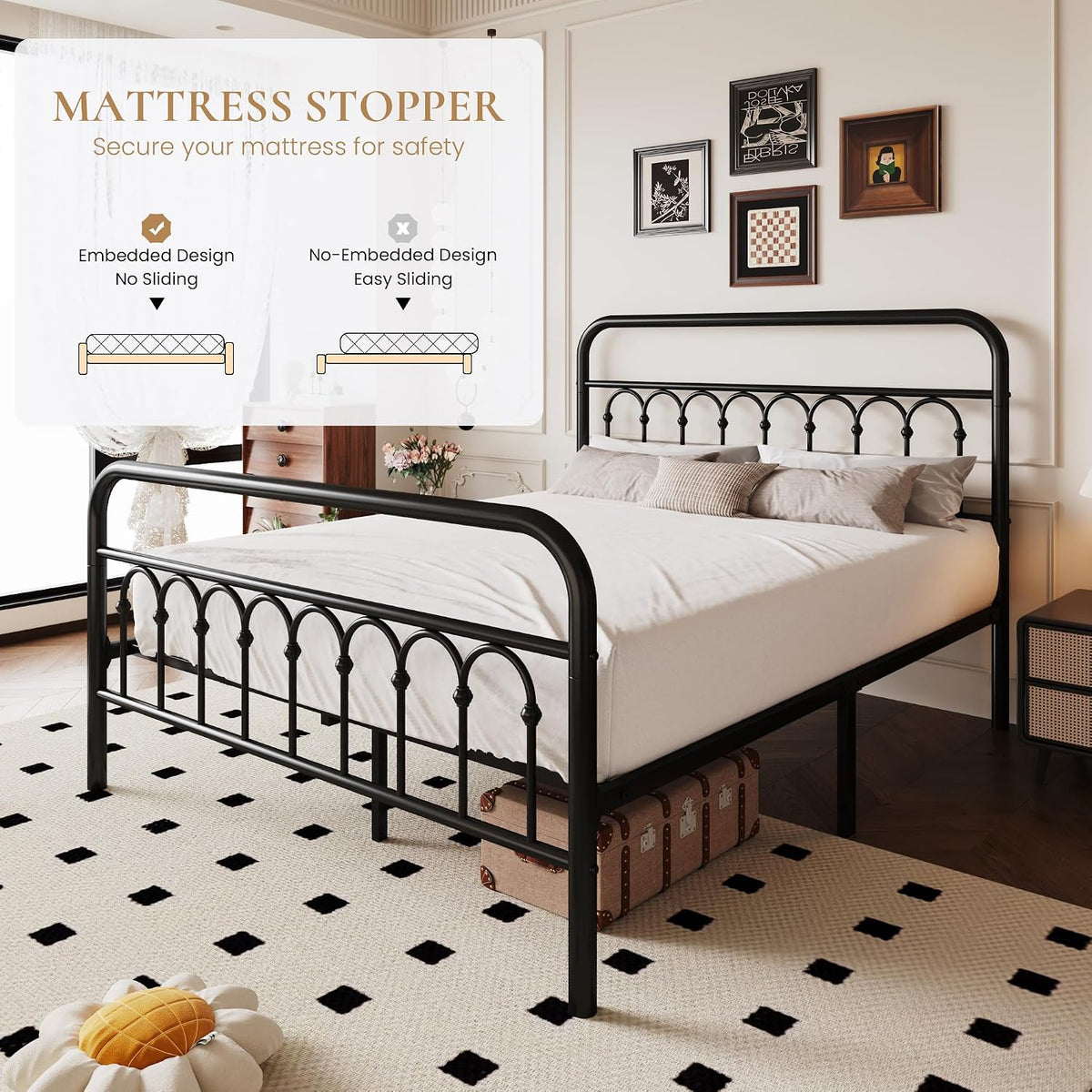sha cerlin queen size metal platform bed frame, front angle view