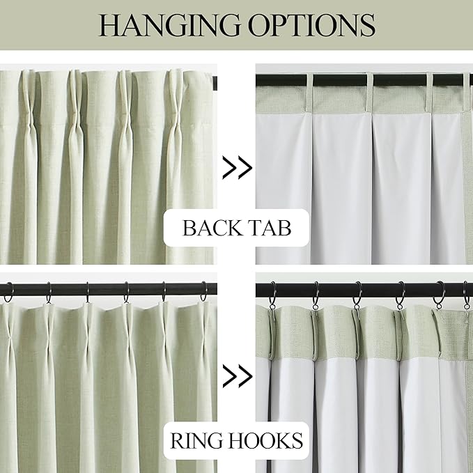 Vision Home Soft Green Pinch Pleated Full Blackout Curtains Linen Blended Room - Image 5