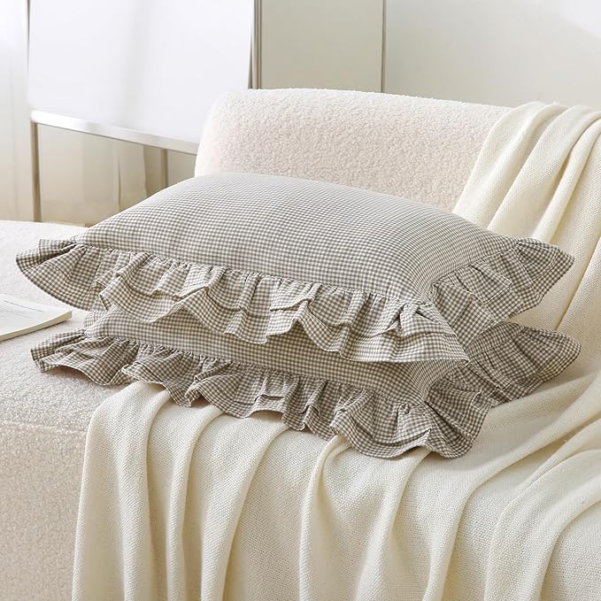 Aryeleay 2 Pack Brown White Plaid Gingham Ruffle Pillow Shams, 100% Washed - Image 2