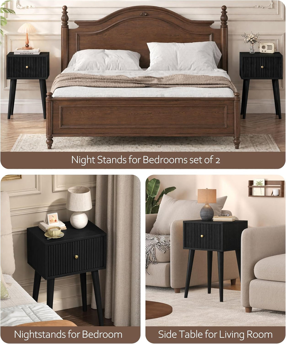 Akxomel Small Nightstand Set 2 Fluted Wooden Nightstands Wood Legs Black