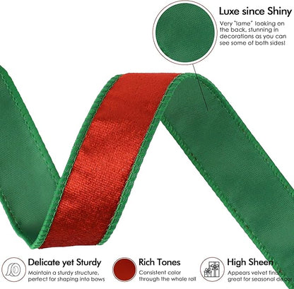 MEEDEE Crushed Red Velvet & Green Back Double Sided Christmas Wired Ribbon - Image 3