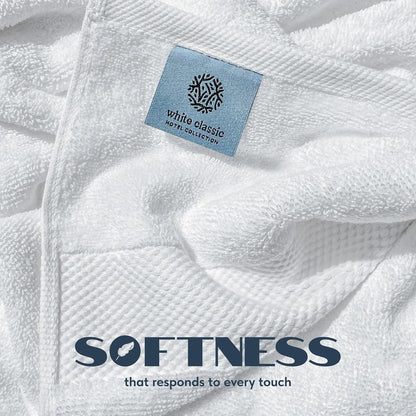 white classic luxury white bath towels - 4 shown in use