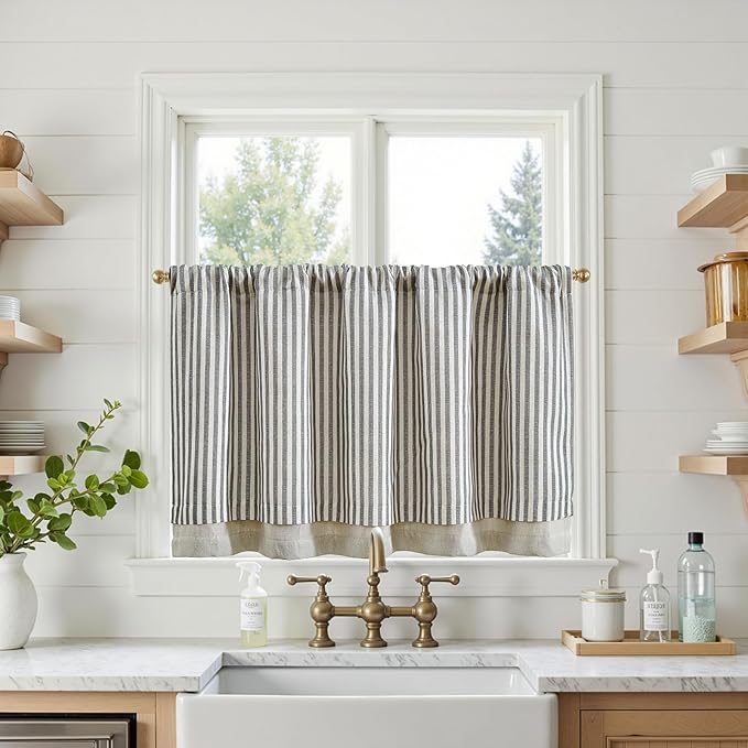 jinchan Double Layer Striped Linen Kitchen Tier Curtain Rustic Cafe - Image 2