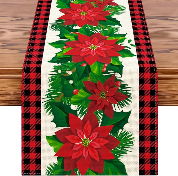 OTOSTAR Black and Red Buffalo Check Plaid Holly Christmas Flowers Table Runner by OTOSTAR