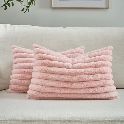 FUTEI Pink Throw Pillow Covers Set of 2, 12x20 Inch Striped Texture Lumbar by FUTEI
