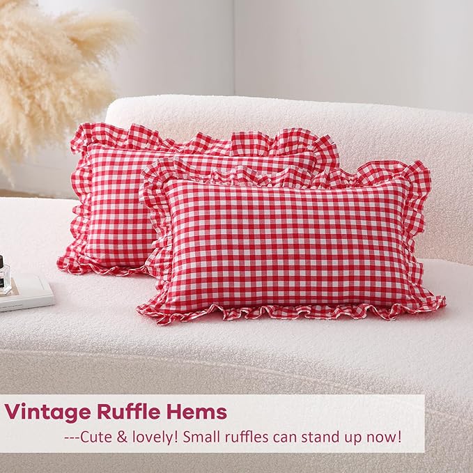 2 Pack Red Plaid Ruffle Gingham Lumbar Pillow Shams, 100% Washed Cotton Linen - Image 4