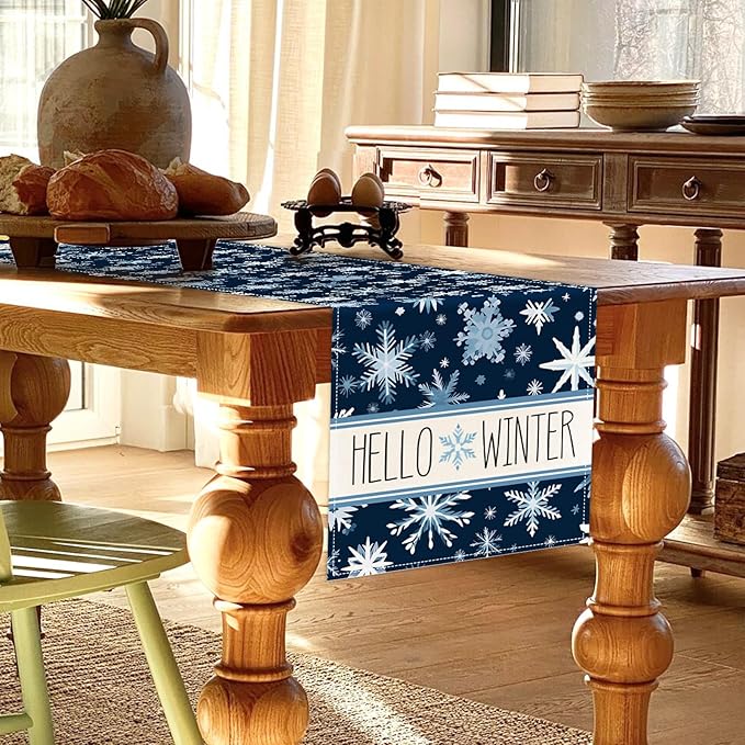 Christmas Table Runner 13x72 Inch Blue White Snowflakes Hello Winter Kitchen - Image 3