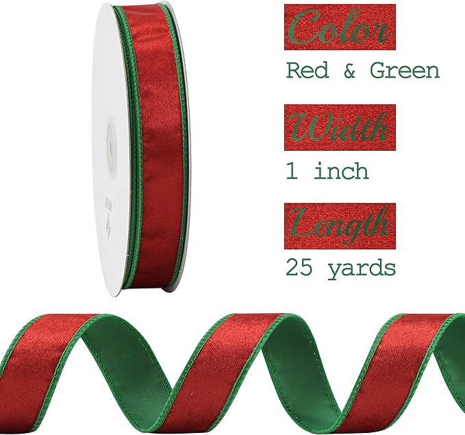 MEEDEE Crushed Red Velvet & Green Back Double Sided Christmas Wired Ribbon - Image 2