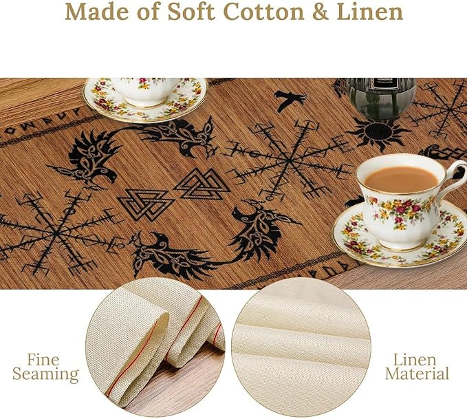 Viking Table Runners, Viking Tree of Life Raven Helmet of Awe Wood Print Table - Image 4