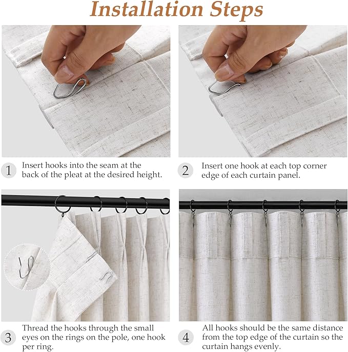 Beige White Pinch Pleated Linen Curtains 63 Inch Length 2 Panels - Image 8