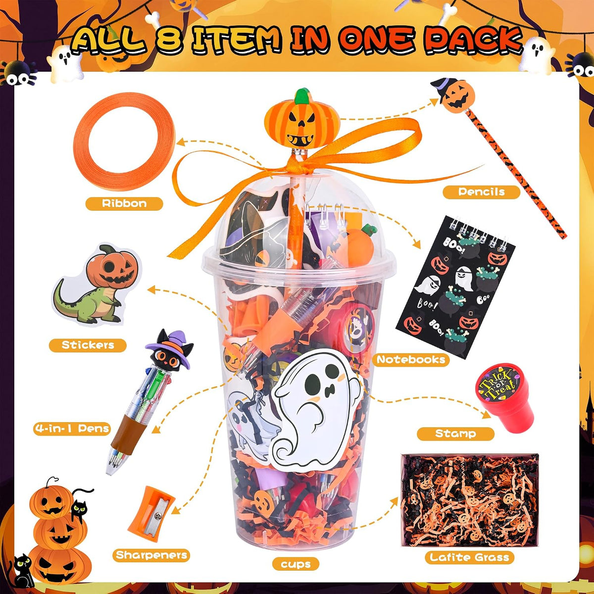 LiYiQ 24 Set 247 Pcs Halloween Party Favors Return Gifts for Party, Student Stationery Gifts from Teacher, Pencil Erasers Notebooks Stickers for Classroom Birthday Goodie Bags Rewards Prizes