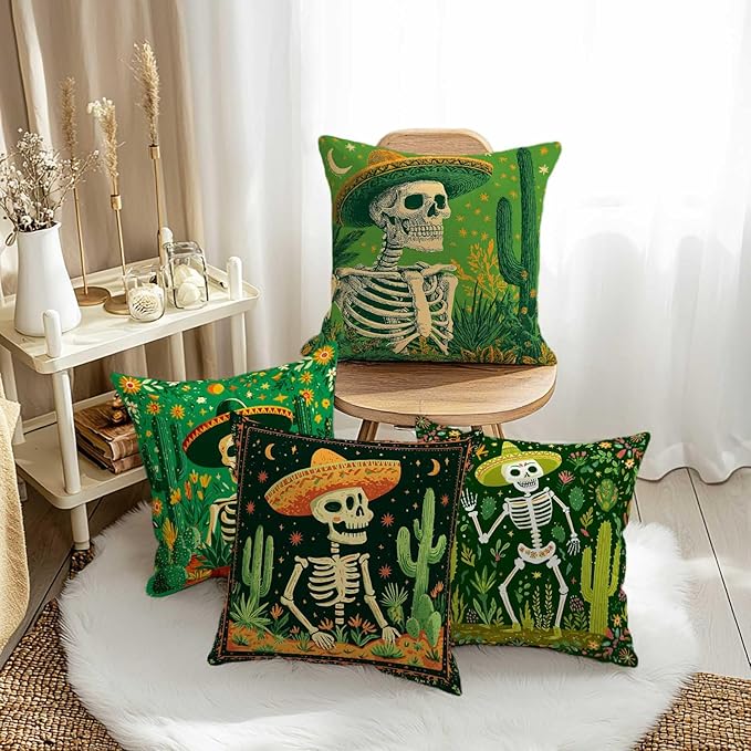 Day of The Dead Throw Pillow Covers | 18x18 Set of 4 Decorative Sugar Skull - Image 3