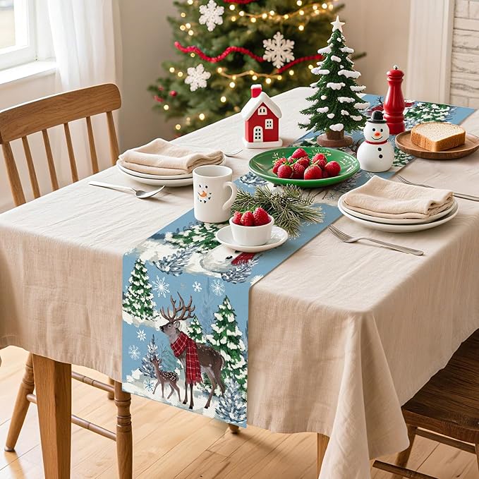 Artscope Reindeer Snowman Christmas Tree Table Runner, Xmas Winter Snowflakes - Image 3