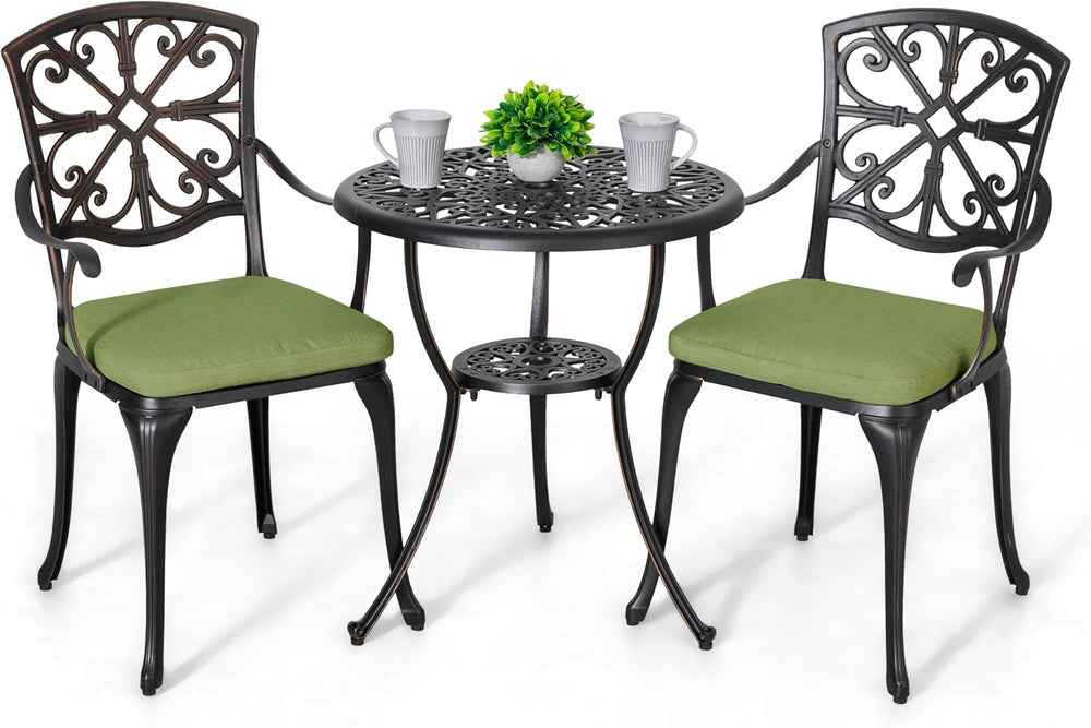 NUU GARDEN 3-Piece Outdoor Bistro Set with Cushions, Round 24 Inch Cast Alumi...