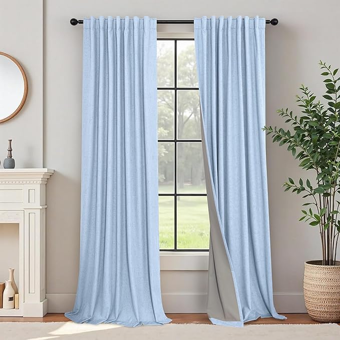 Total Blackout Baby Blue Linen Curtains 108 Inches Long 2 Panel Set Light Blue by Pitalk