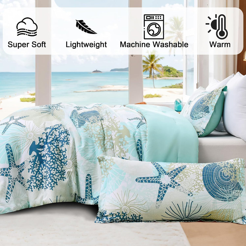 Coastal Comforter Set King Size 3 Piece, Soft Beach Themed Comforter, Ocean N...
