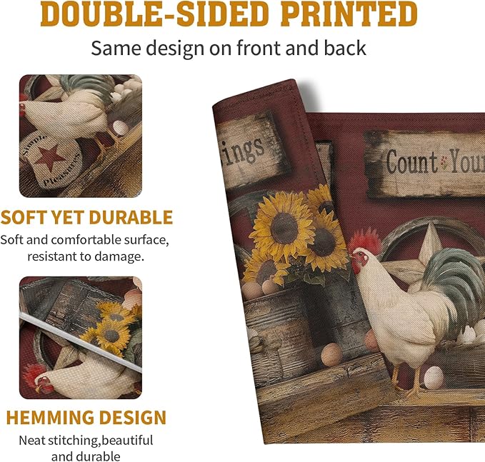 Farmhouse Rooster Placemats Set of 4 Farm Animal Chicken Place Mats 12x18 Inch - Image 5
