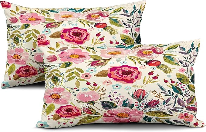 Spring Summer Flower Throw Pillow Covers 20x12 Inch Watercolor Peony Pillowcase - Image 2