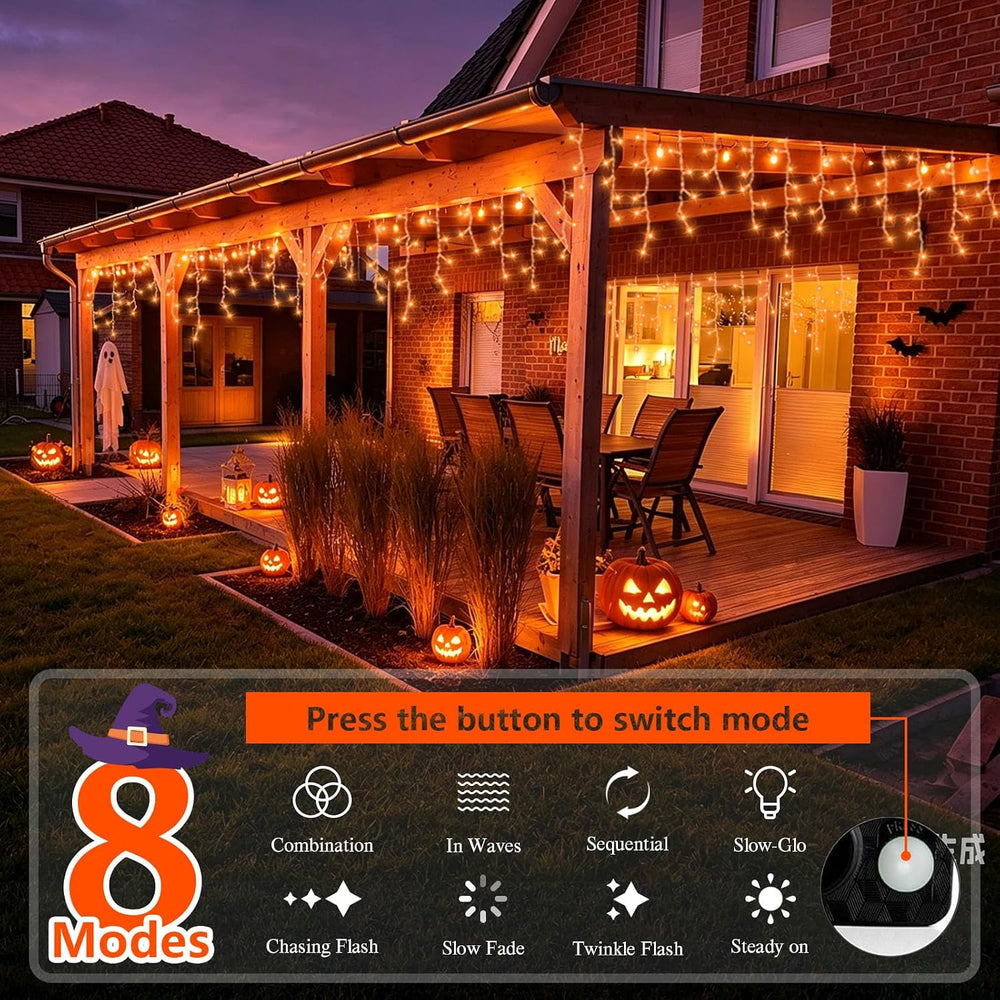 33ft 400 LED Halloween Icicle Lights Outdoor Orange