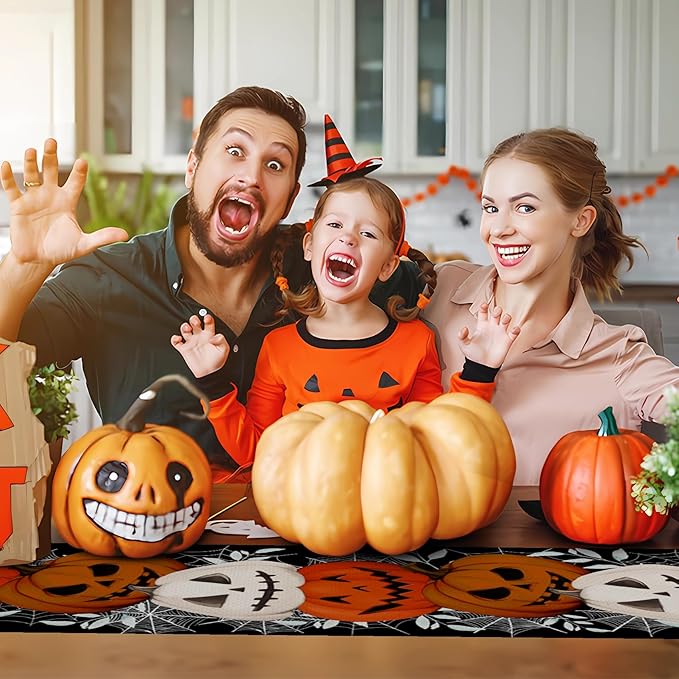 Happy Halloween Table Runner Pumpkin Black Spider Web Fall Kitchen Dining Table - Image 4