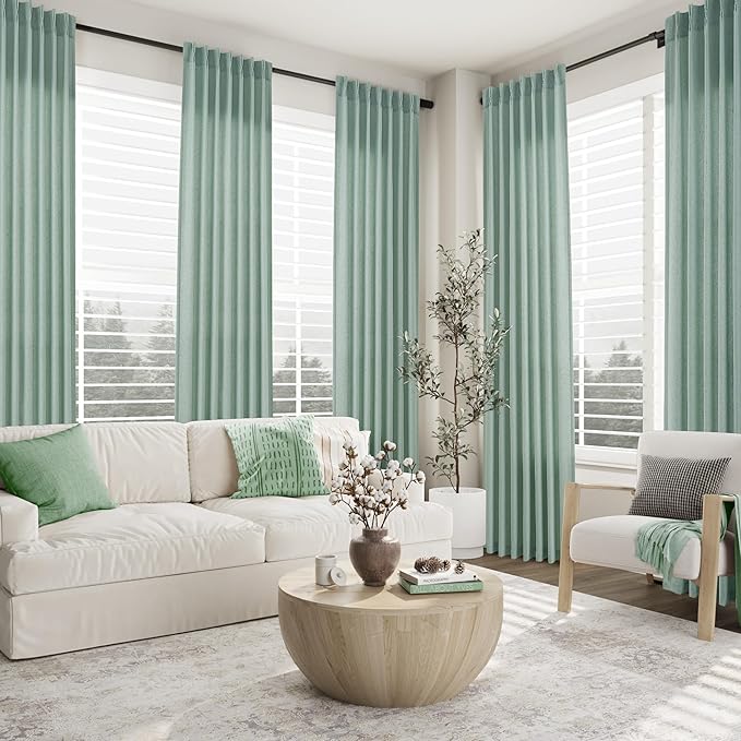 Aqua Green Pinch Pleated Linen Curtains 84 Inch Length 2 Panels - Image 6