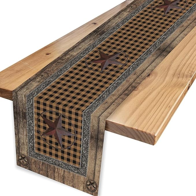 Western Table Runner, Rustic Texas Star Wooden Plank Buffalo Plaid Farmhouse - Image 4