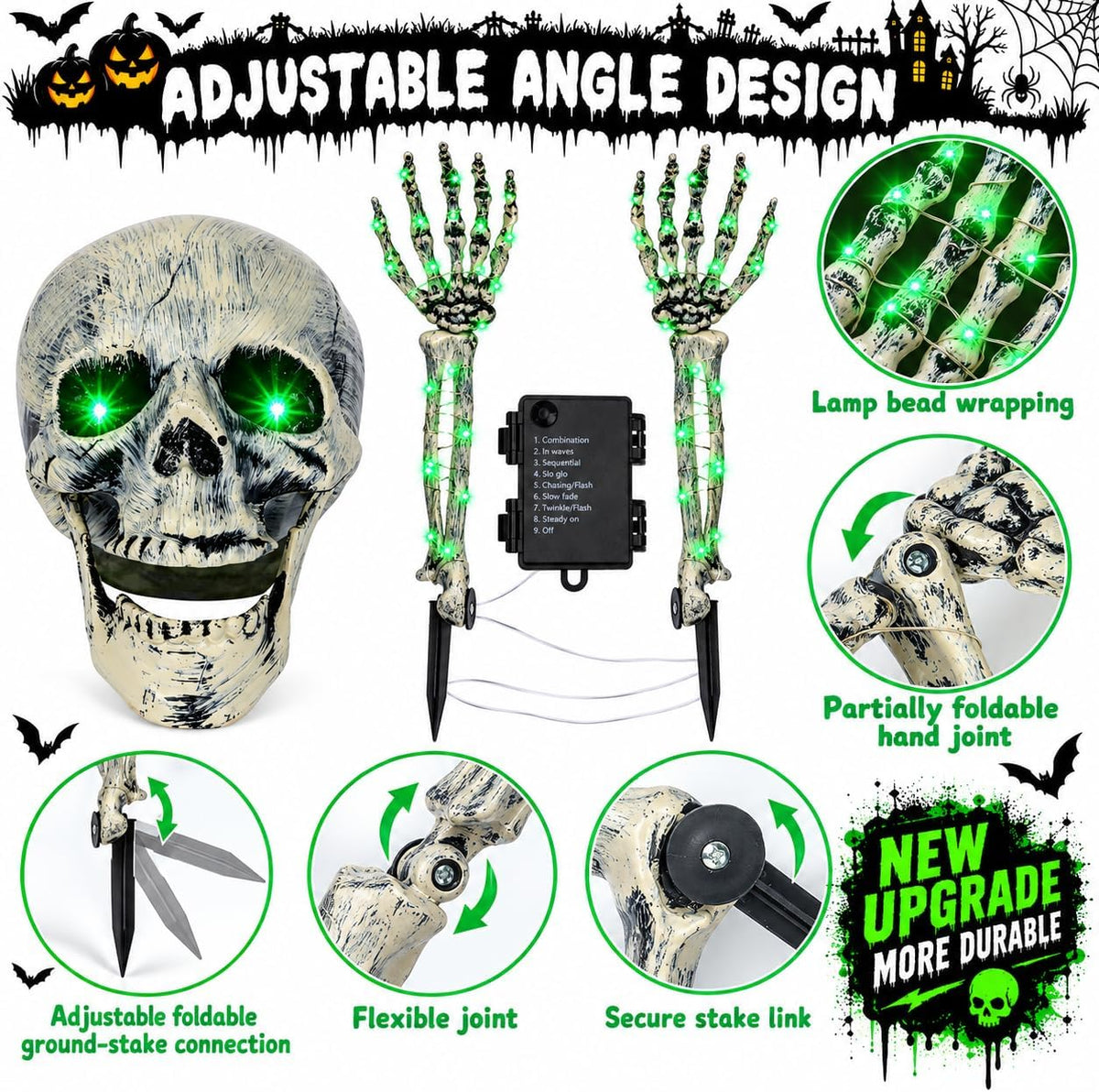 Halloween Skeleton Decorations Outdoor, Light Up Skull Head & Skeleton Hands Lights Stake with Green LED, Battery Operated Halloween Yard Decor for Lawn, Garden, Graveyard, Haunted House & Party