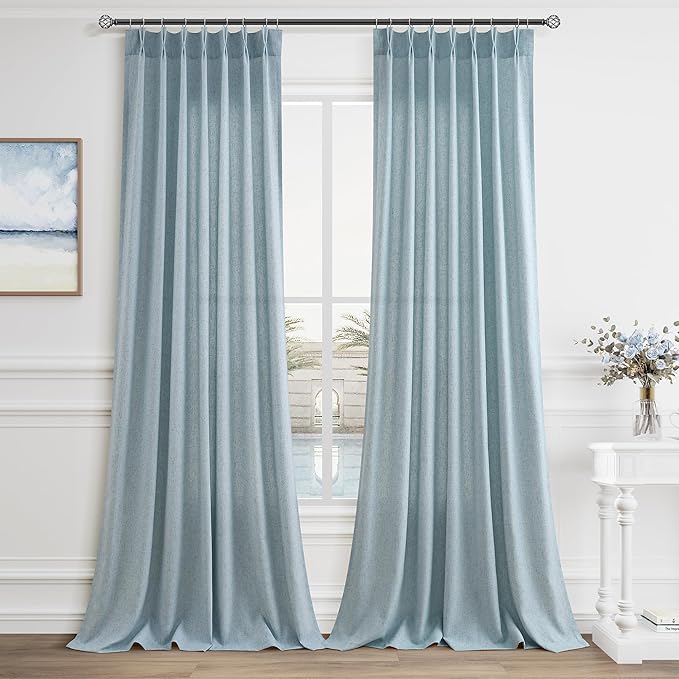Light Blue Pinch Pleated Linen Curtains 112 Inches 2 Panels by Aersas