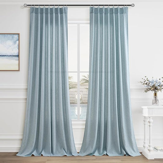 Light Blue Pinch Pleated Linen Curtains 112 Inches 2 Panels by Aersas