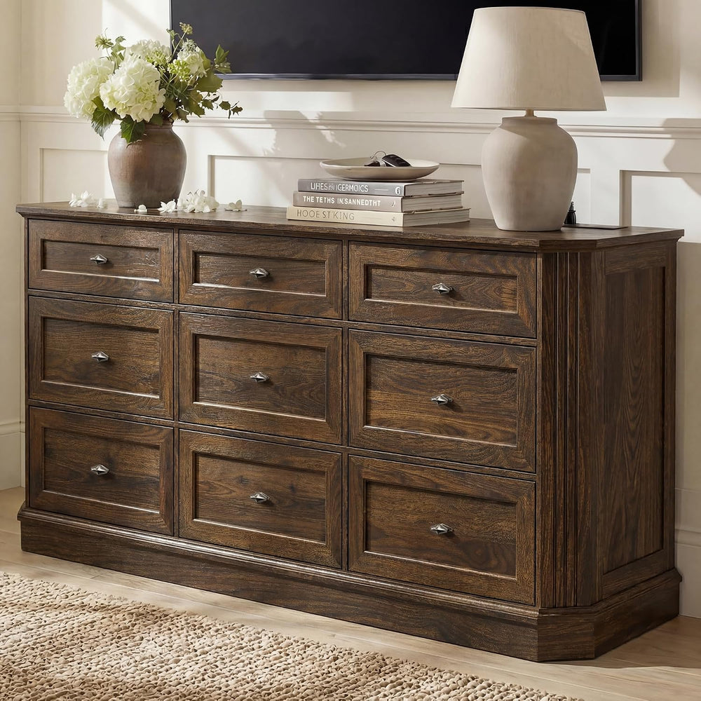 Farmhouse 9 Drawers Walnut Dresser for Bedroom, 63.07" Wide Chest of Dra...