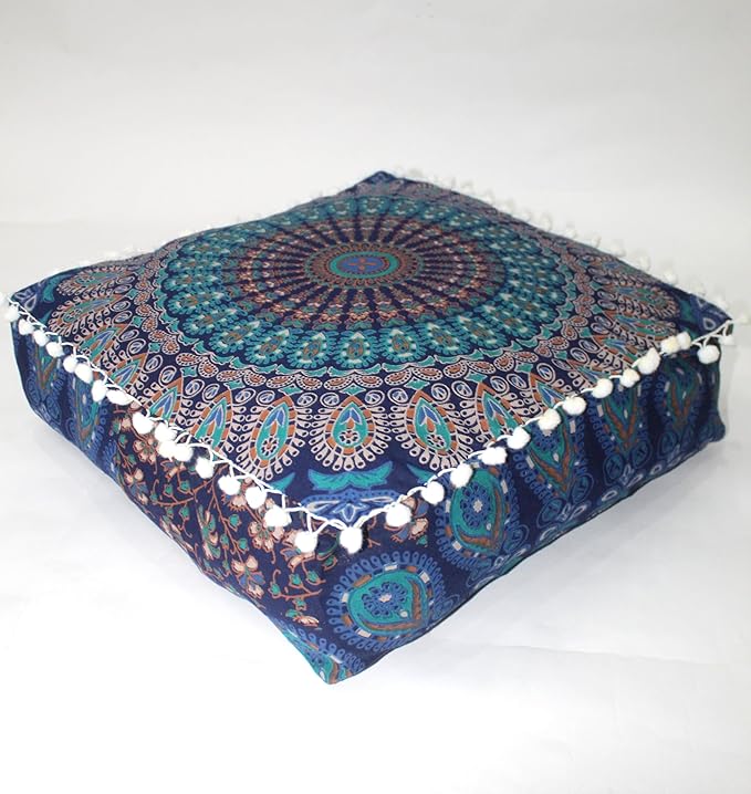 CRAFT KALA Blue Peacock Large Hippie Mandala Meditation Floor Ottoman Pillow - Image 6