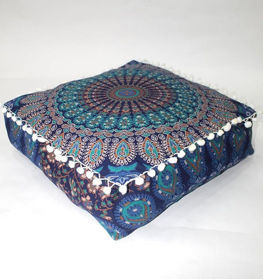 CRAFT KALA Blue Peacock Large Hippie Mandala Meditation Floor Ottoman Pillow by CRAFTKALA