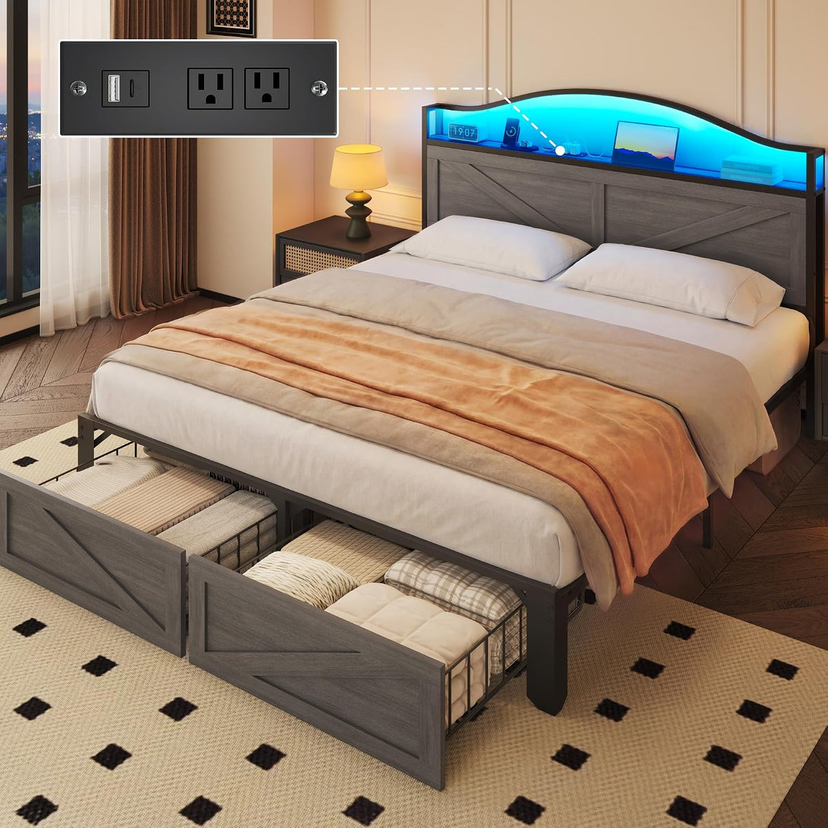 lifezone queen bed with farmhouse storage headboard, queen, close-up detail