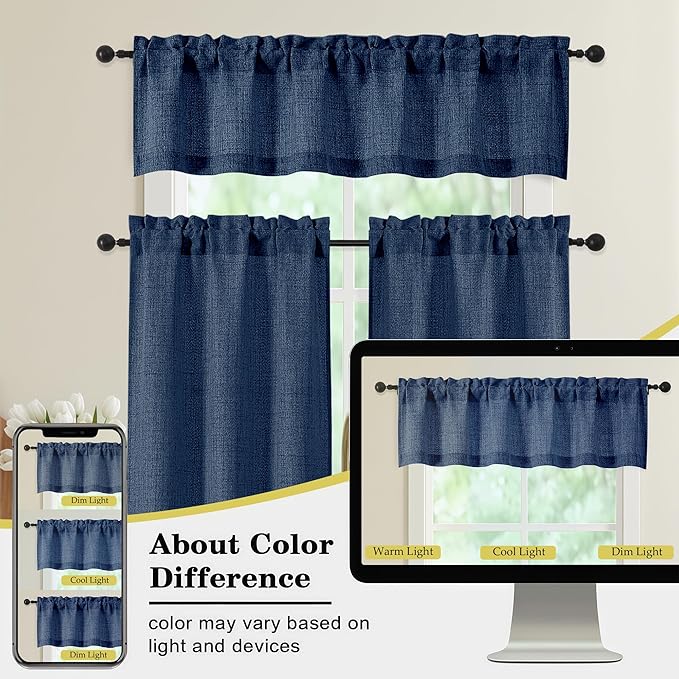 Navy Blue Kitchen Curtains 24 Inch Length 2 Panels, Light Filtering Faux Linen - Image 7