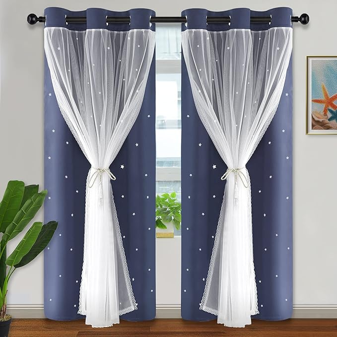 Kinryb Decorative Star Cut-Out Window Curtains Room Decoration Double Layer by Kinryb